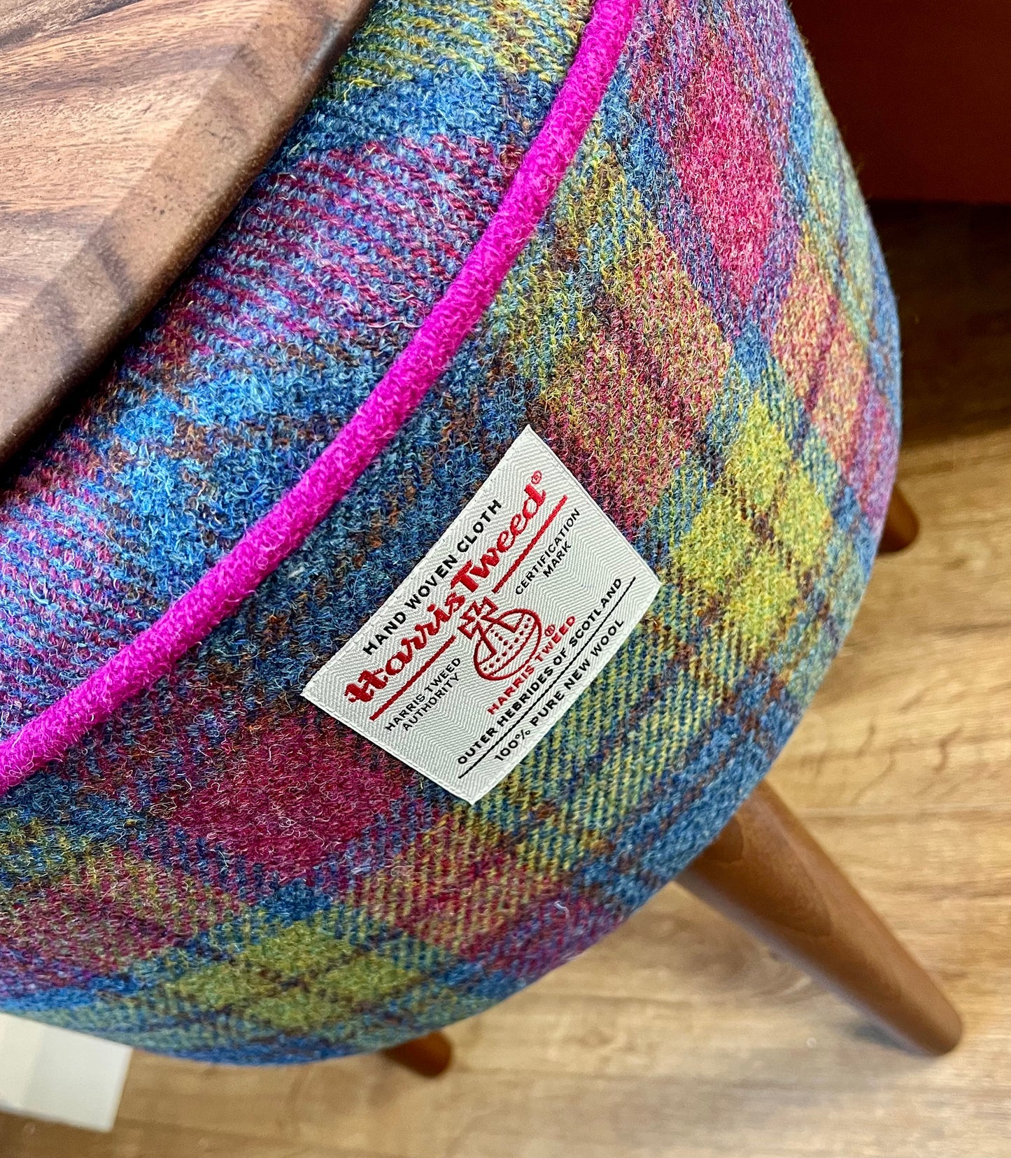 Colourful Tartan Harris Tweed End Table with Fuchsia Piping and Removable Wooden Top