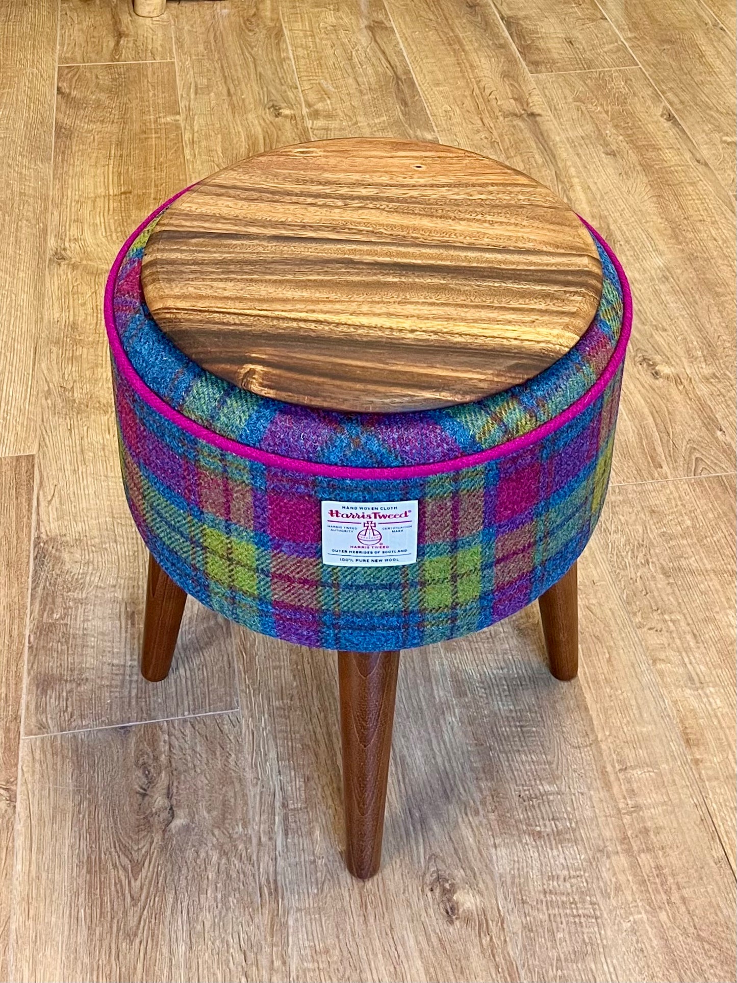 Colourful Tartan Harris Tweed End Table with Fuchsia Piping and Removable Wooden Top