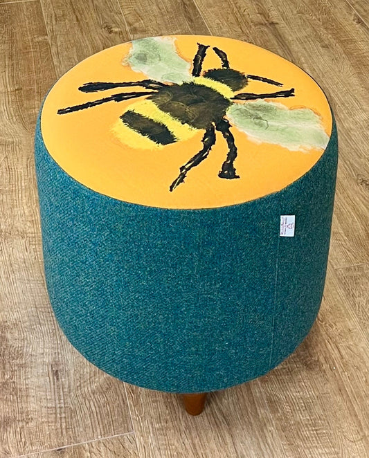 Bumble Bee Velvet Footstool with Green Harris Tweed with Dark Wooden Mini Feet