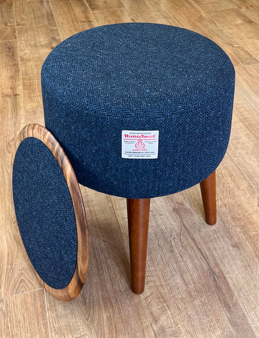 Navy Herringbone Harris Tweed Footstool Table