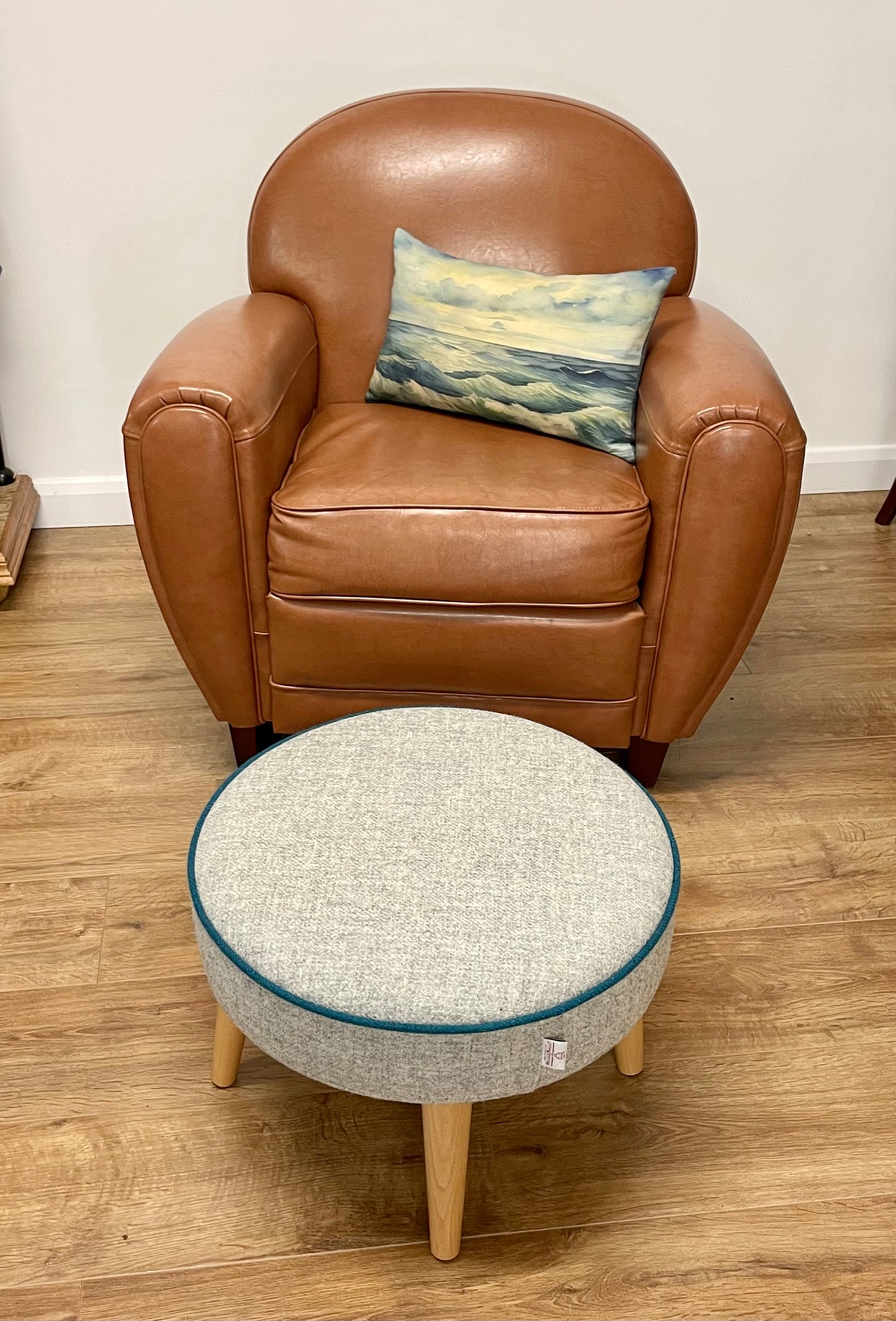 Grey Harris Tweed Wide Round Footstool with Teal Piping