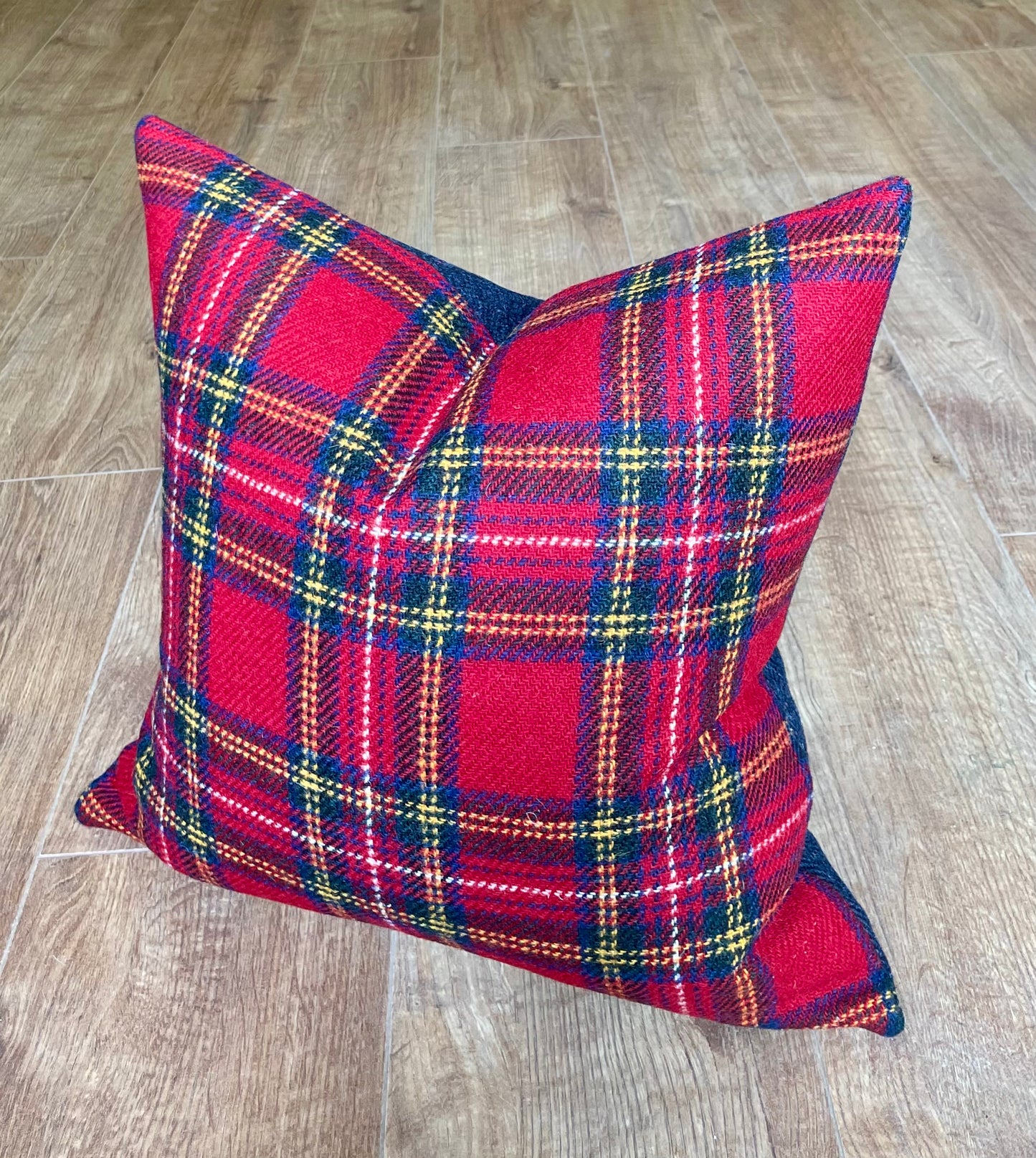 Red Tartan and Navy Harris Tweed Cushion 18”