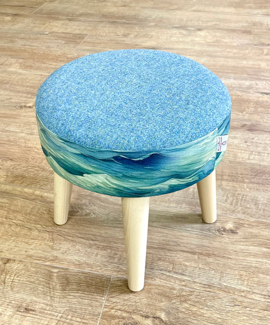 Stormy Sea Linen and Light Blue Harris Tweed Footstool with Wooden Legs