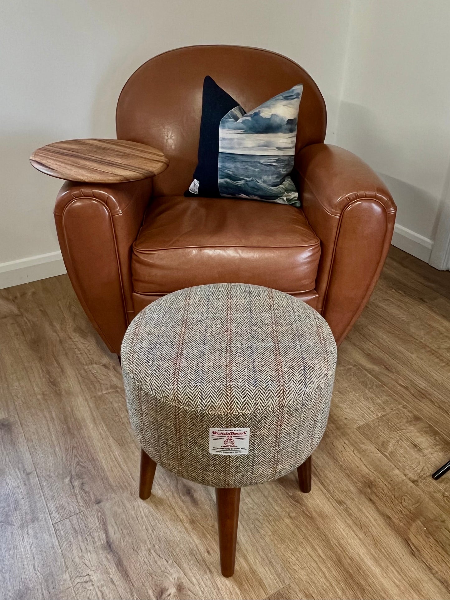 Overcheck Harris Tweed End Table with Removable Wooden Top and Dark Varnished Wooden Legs