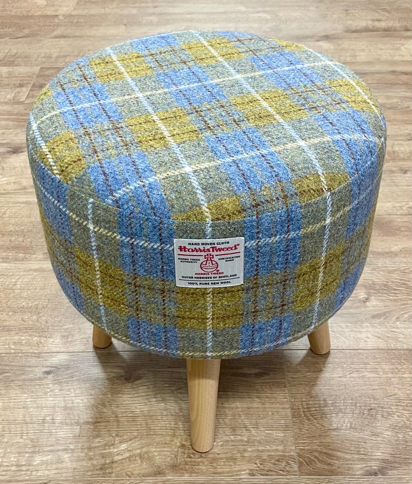 Mustard Tartan Harris Tweed Footstool with Dark Varnished Wooden Legs