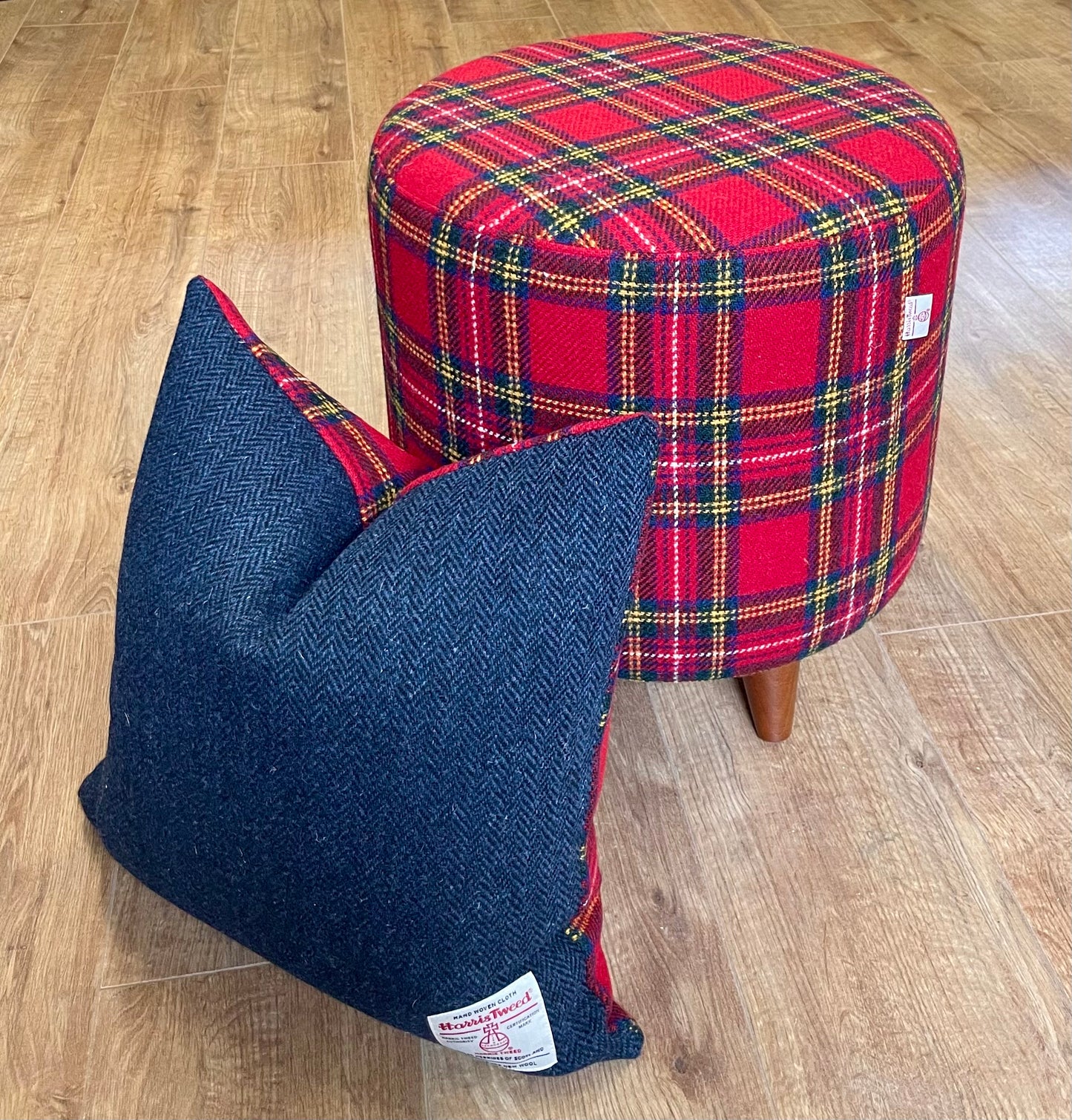 Red Tartan and Navy Harris Tweed Cushion 18”