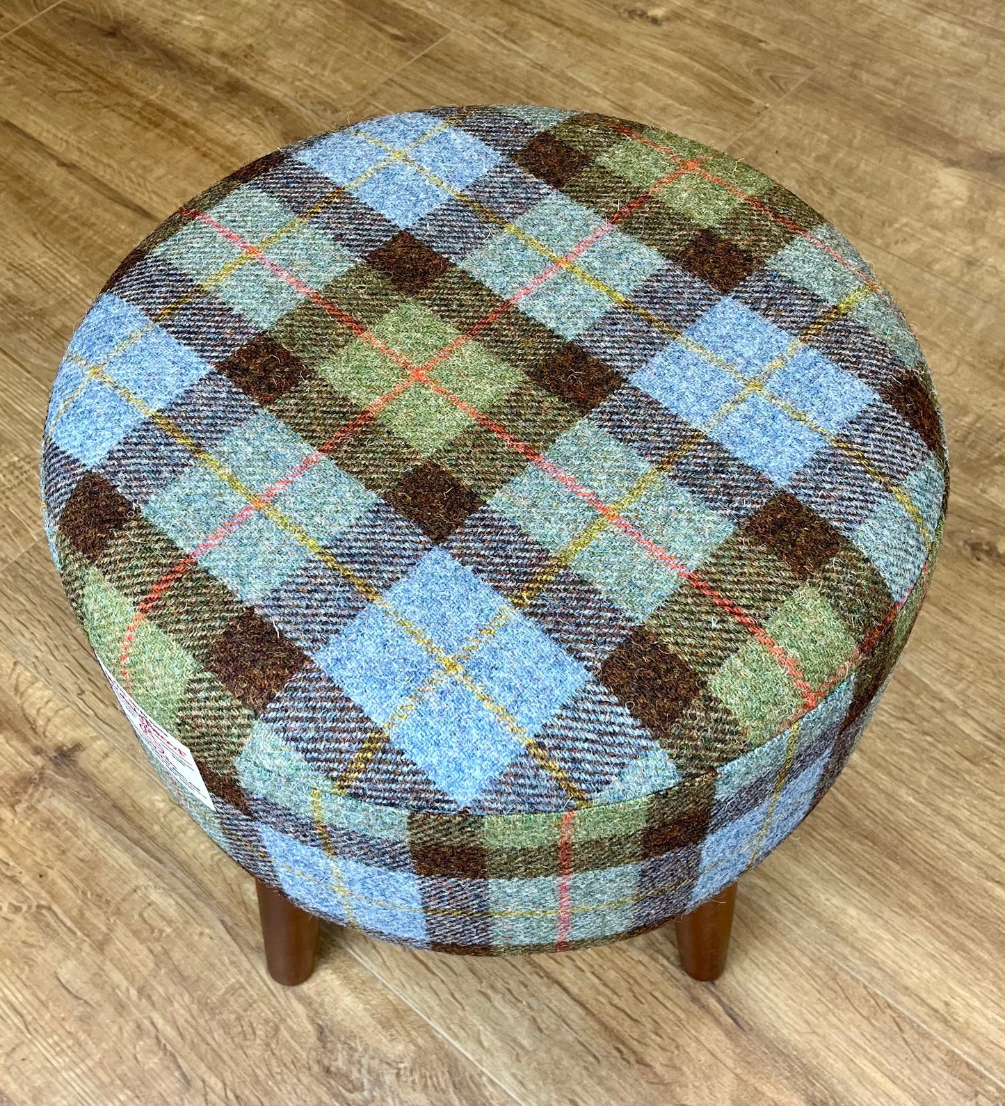 Harris Tweed MacLeod Tartan Round Footstool with Varnished Dark Wooden Legs