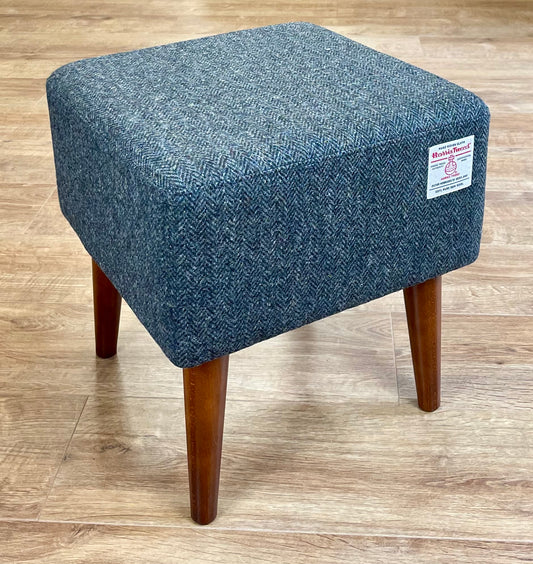 Charcoal Harris Tweed Square Footstool with Dark Varnished Wooden Legs