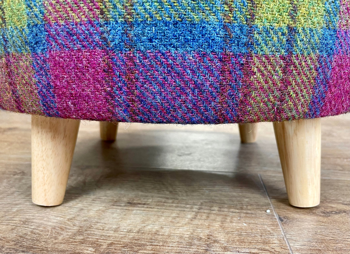 Colourful Harris Tweed Chunky Footstool with Fuchsia Piping Detail