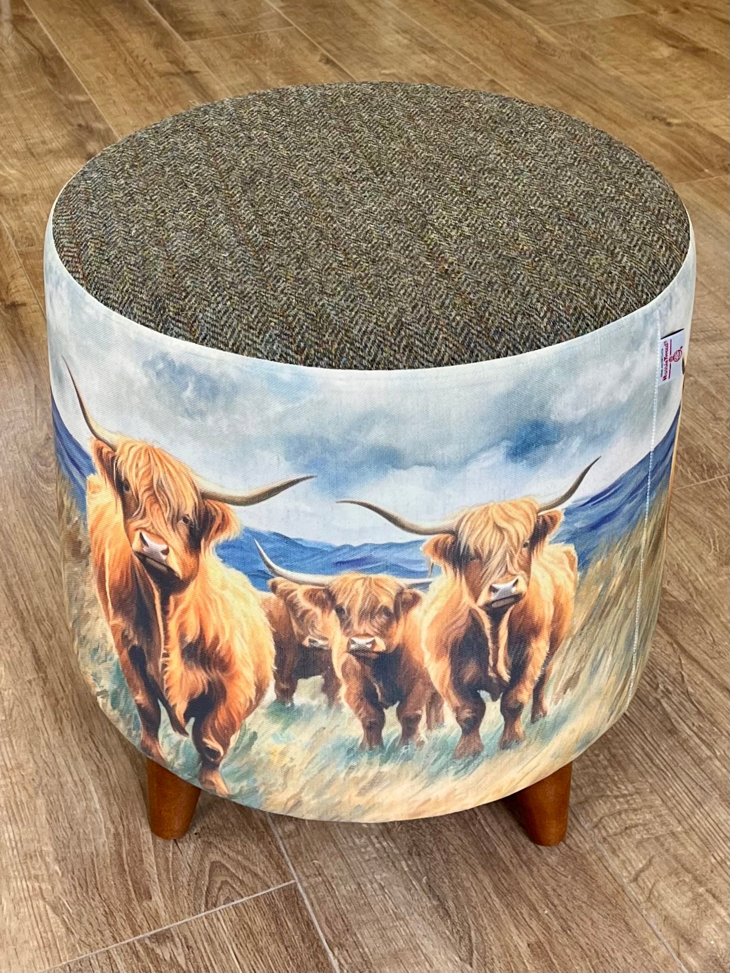 Highland Cows by the Sea Chunky Footstool with Brown Harris Tweed