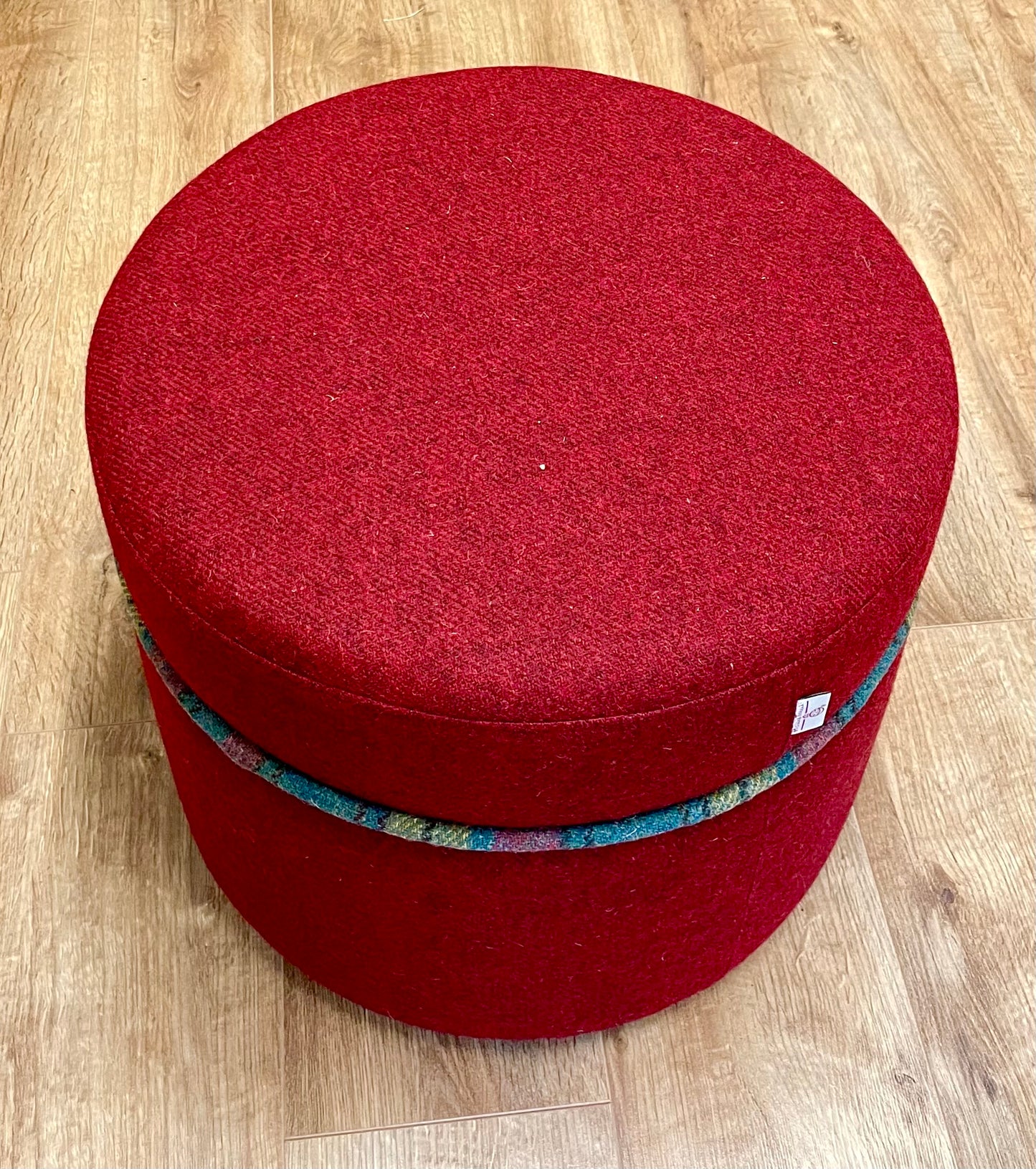 Red Harris Tweed Floating Footstool with Tartan Trim Detail