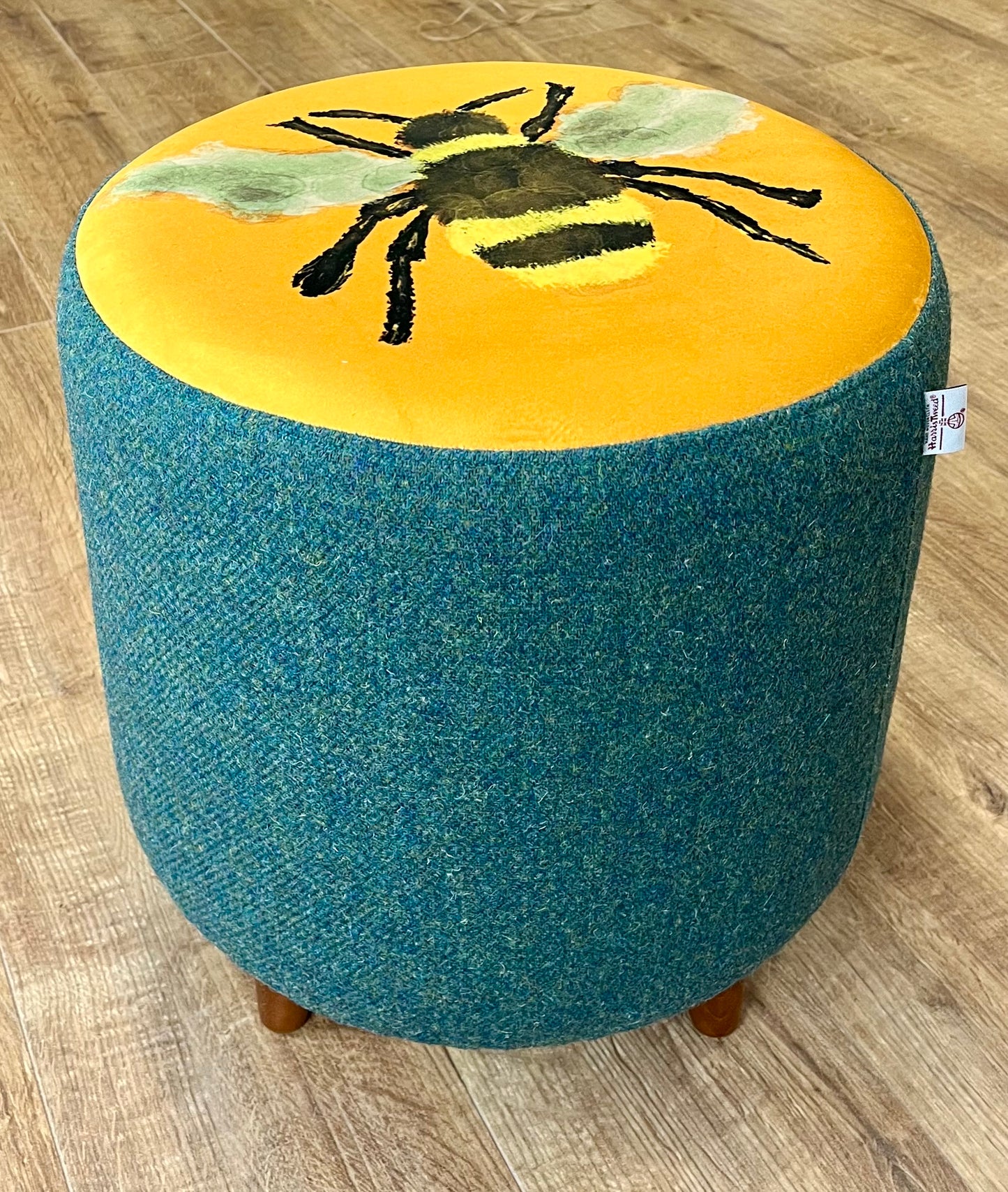 Bumble Bee Velvet Footstool with Green Harris Tweed with Dark Wooden Mini Feet