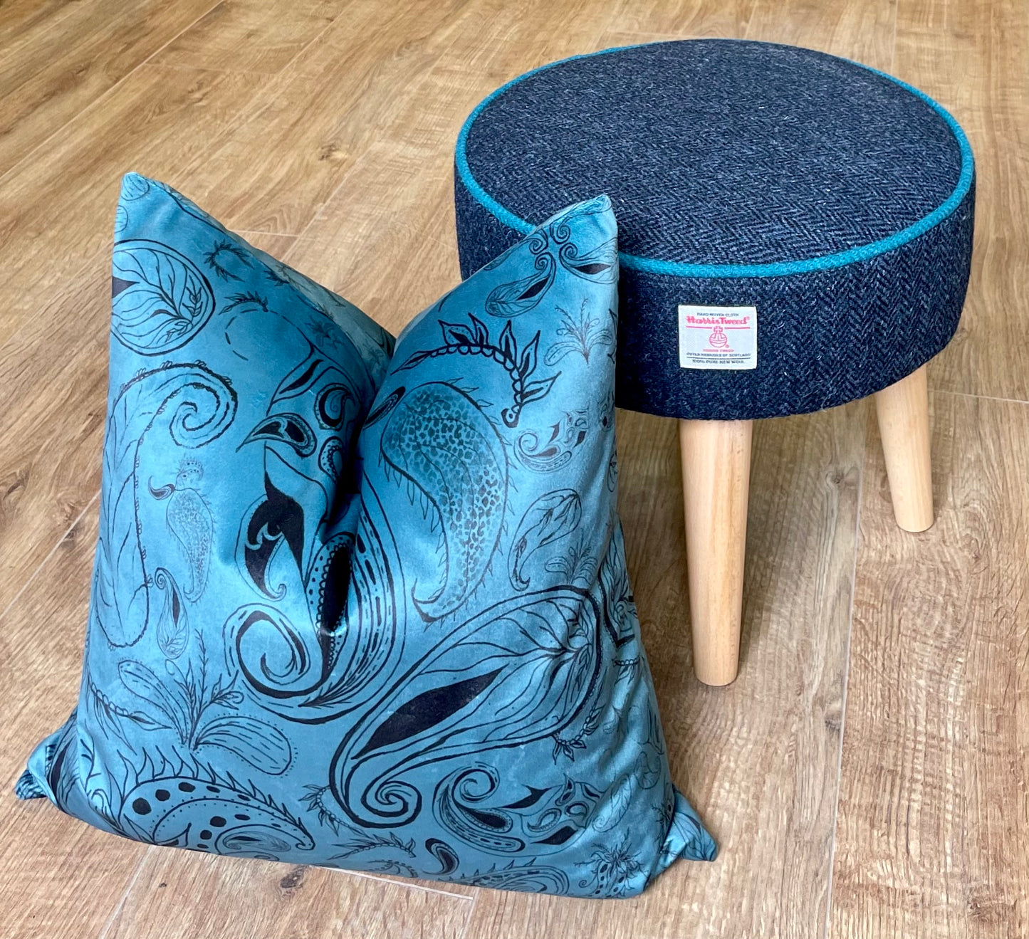 Navy Harris Tweed Footstool with Teal Piping and Varnished Wooden Legs