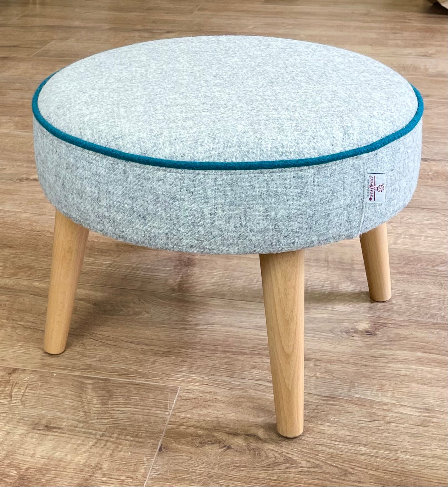 Grey Harris Tweed Wide Round Footstool with Teal Piping