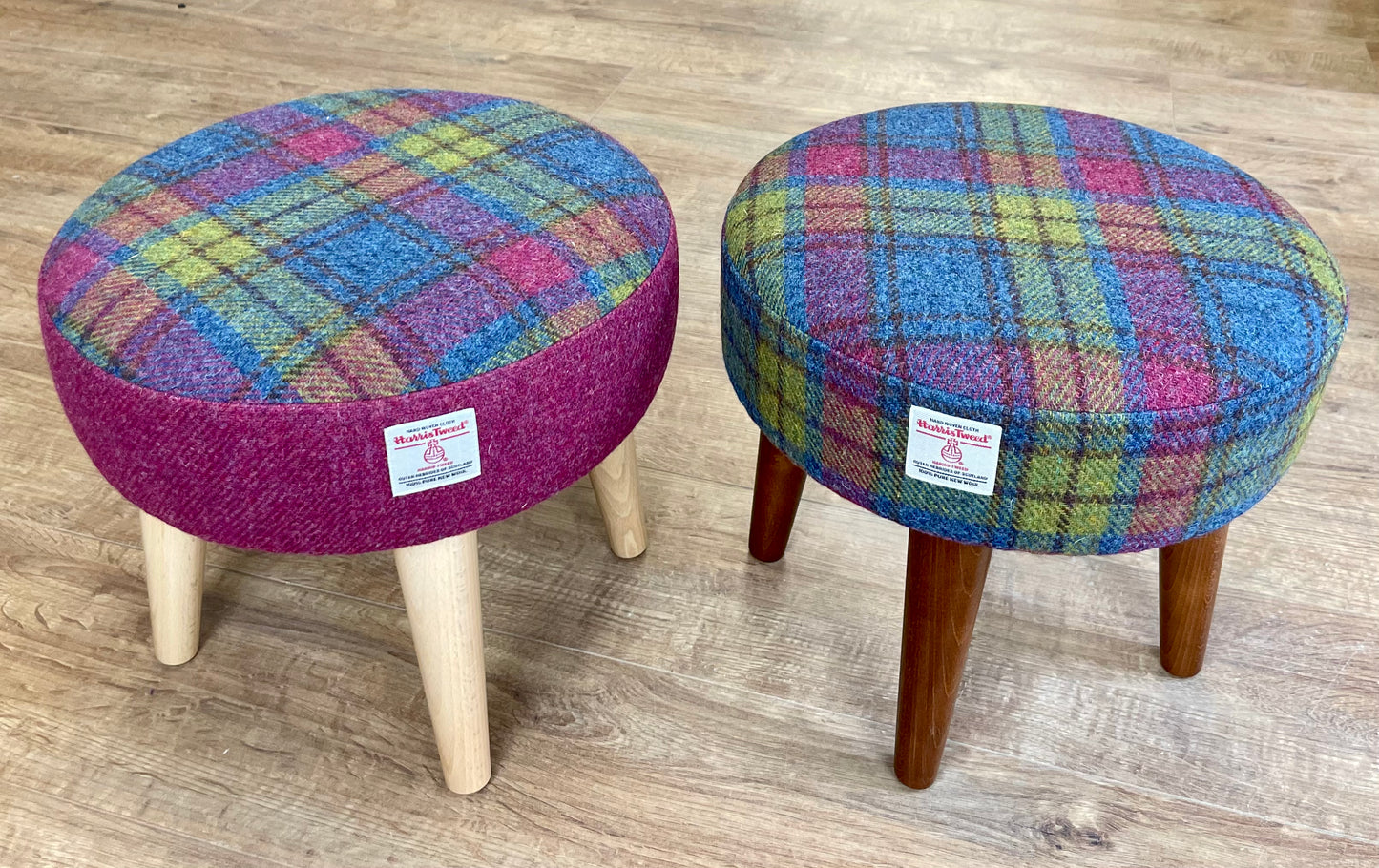 Colourful Tartan Harris Tweed Footstool with Dark Varnished Wooden Legs