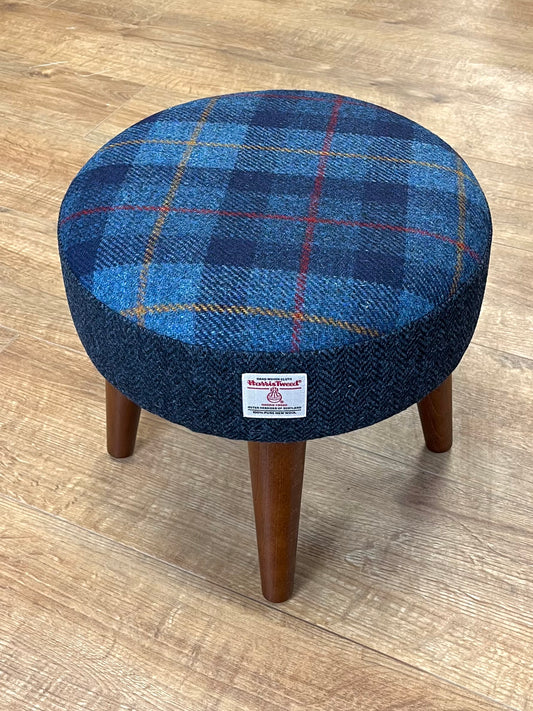 Small Tartan and Navy Blue Herringbone Harris Tweed Footstool