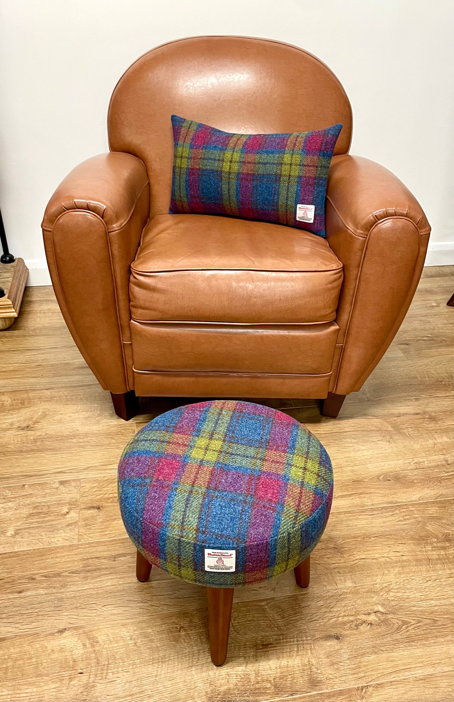 Colourful Tartan Harris Tweed Footstool with Dark Varnished Wooden Legs