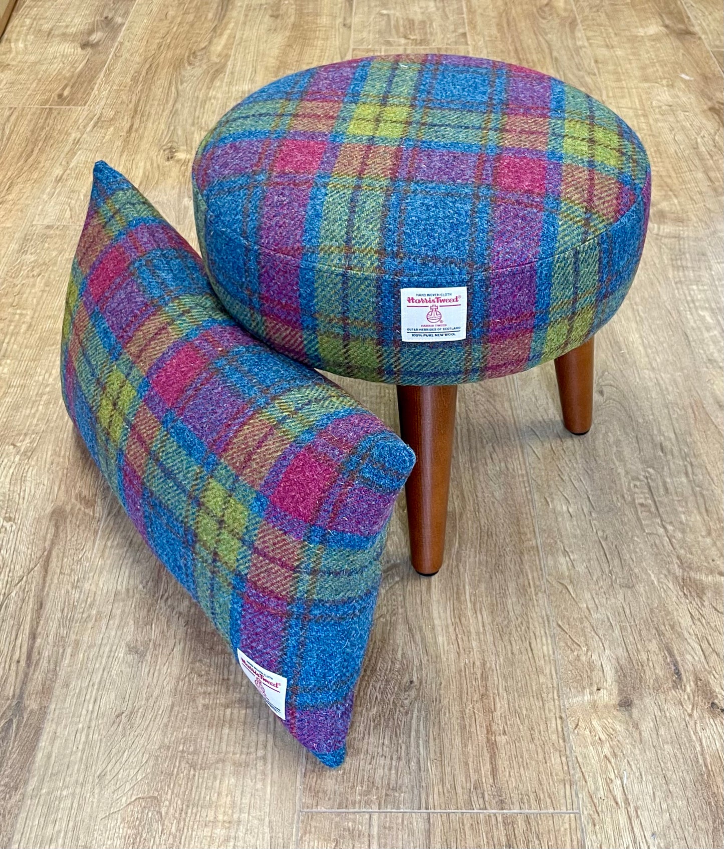 Colourful Tartan Harris Tweed Footstool with Dark Varnished Wooden Legs