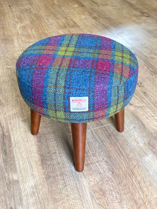 Colourful Tartan Harris Tweed Footstool with Dark Varnished Wooden Legs