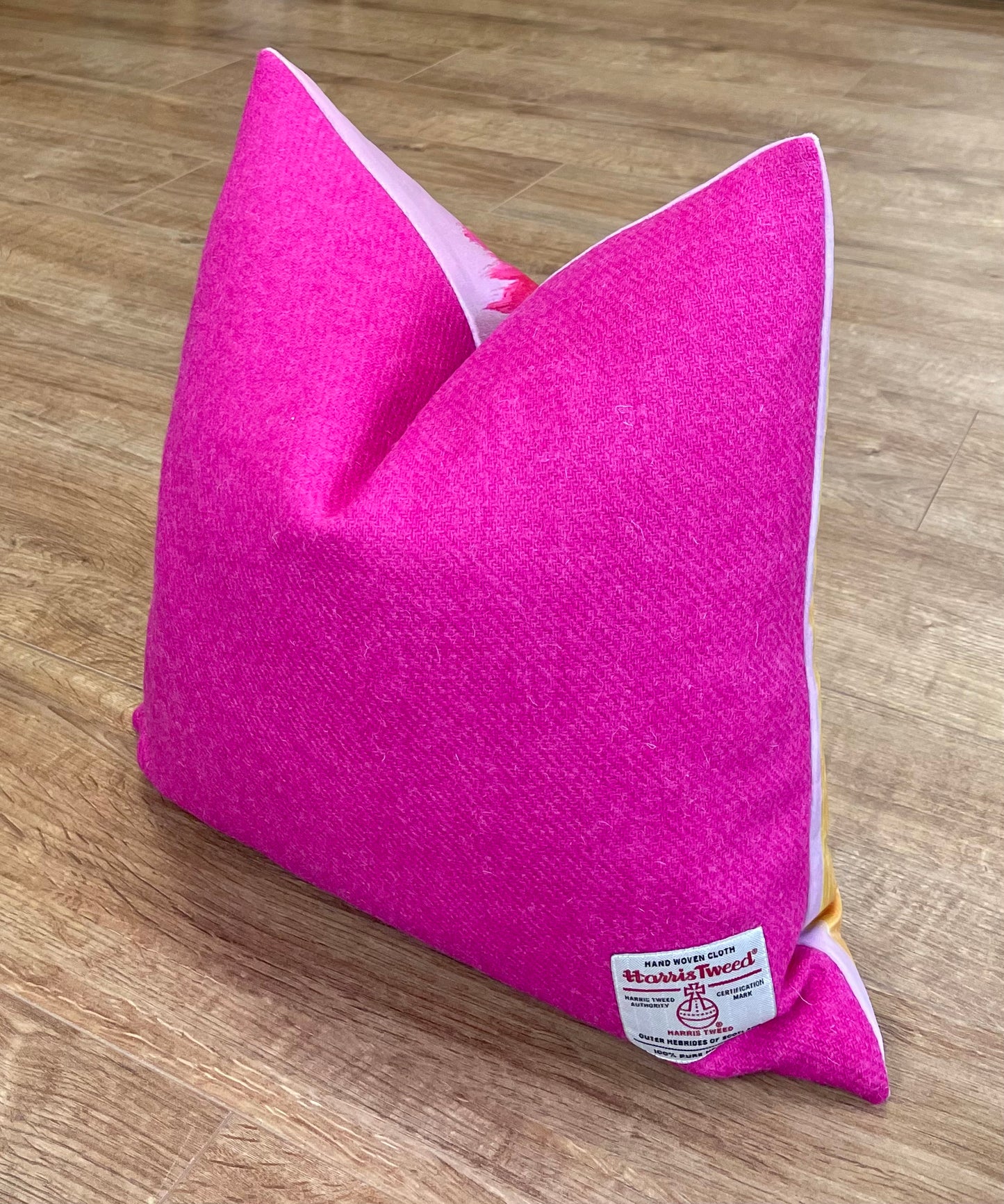 Paint Strokes Velvet and Pink Harris Tweed Cushion, Handmade, 18”