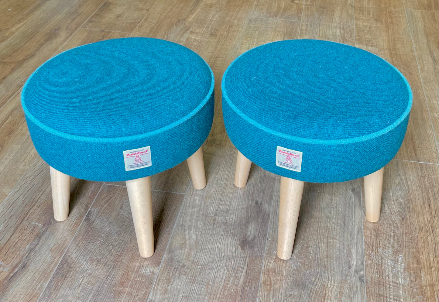 Teal Harris Tweed Footstool with Turquoise Piping Detail