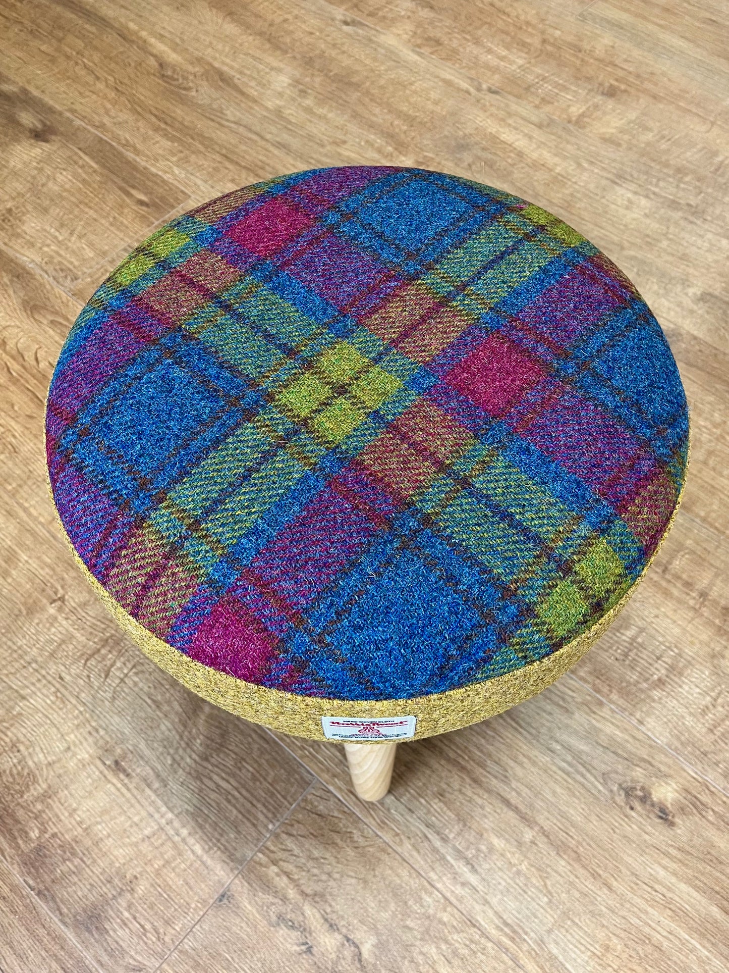 Mustard and Colourful Tartan Harris Tweed Footstool with Varnished Light Wooden Legs