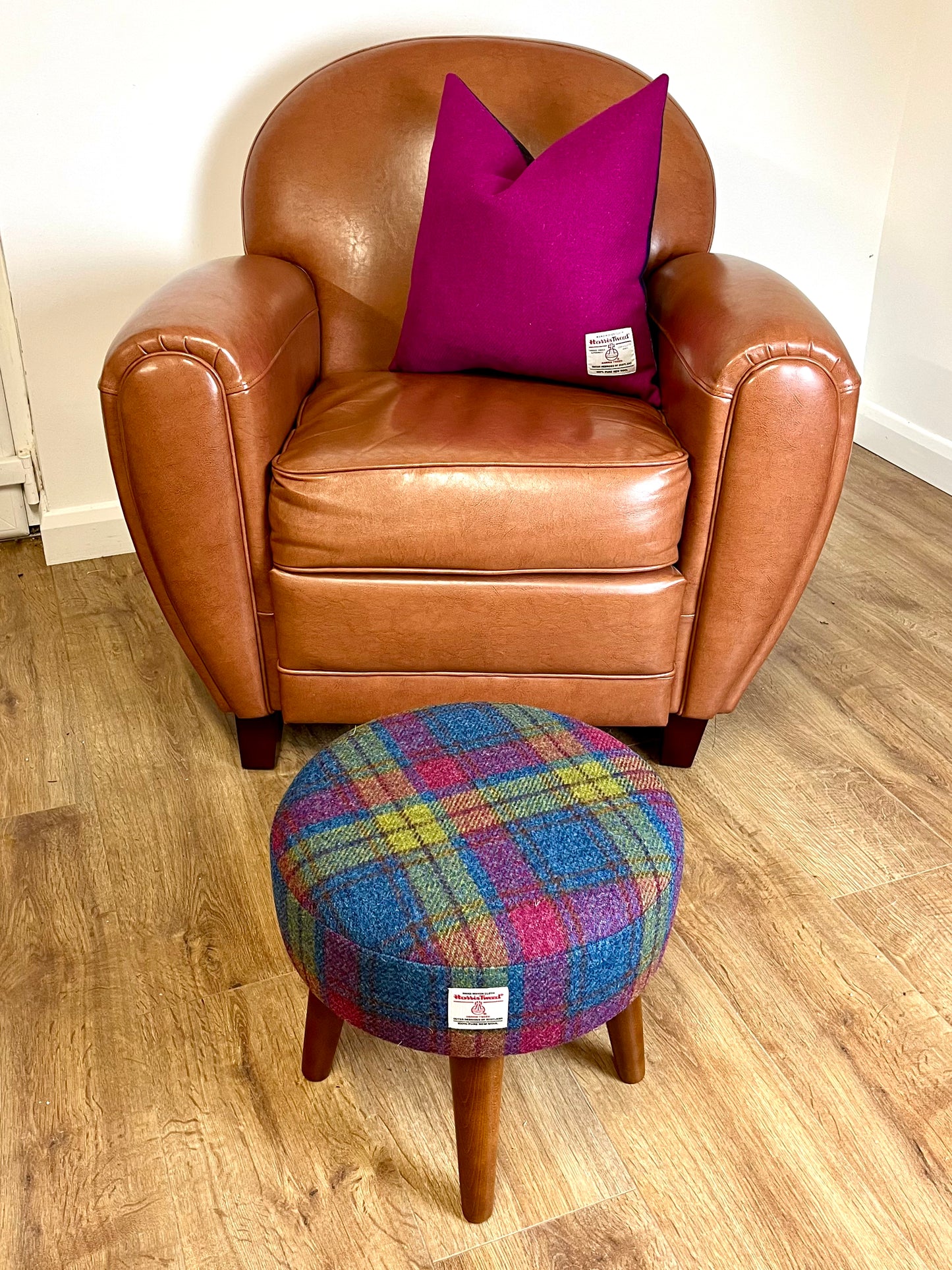 Colourful Tartan Harris Tweed Footstool with Dark Varnished Wooden Legs