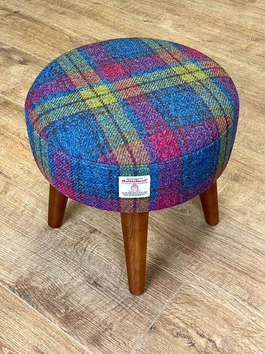 Colourful Tartan Harris Tweed Footstool with Dark Varnished Wooden Legs