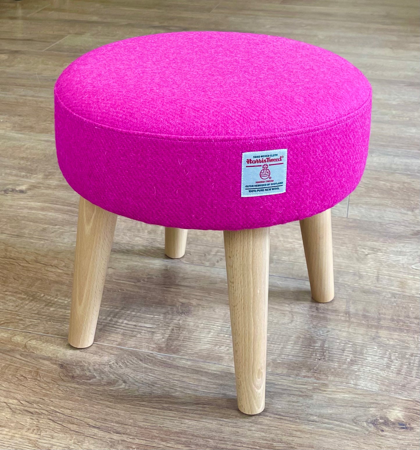 Bright Pink Harris Tweed Footstool with Varnished Wooden Legs