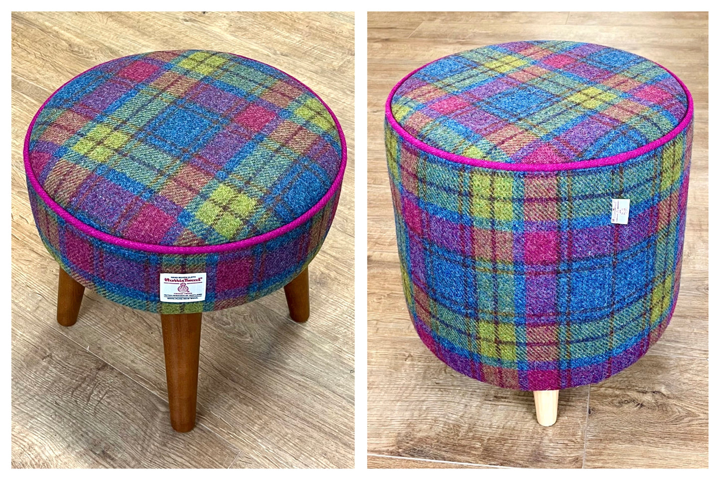 Colourful Tartan Harris Tweed Footstool with Dark Varnished Wooden Legs