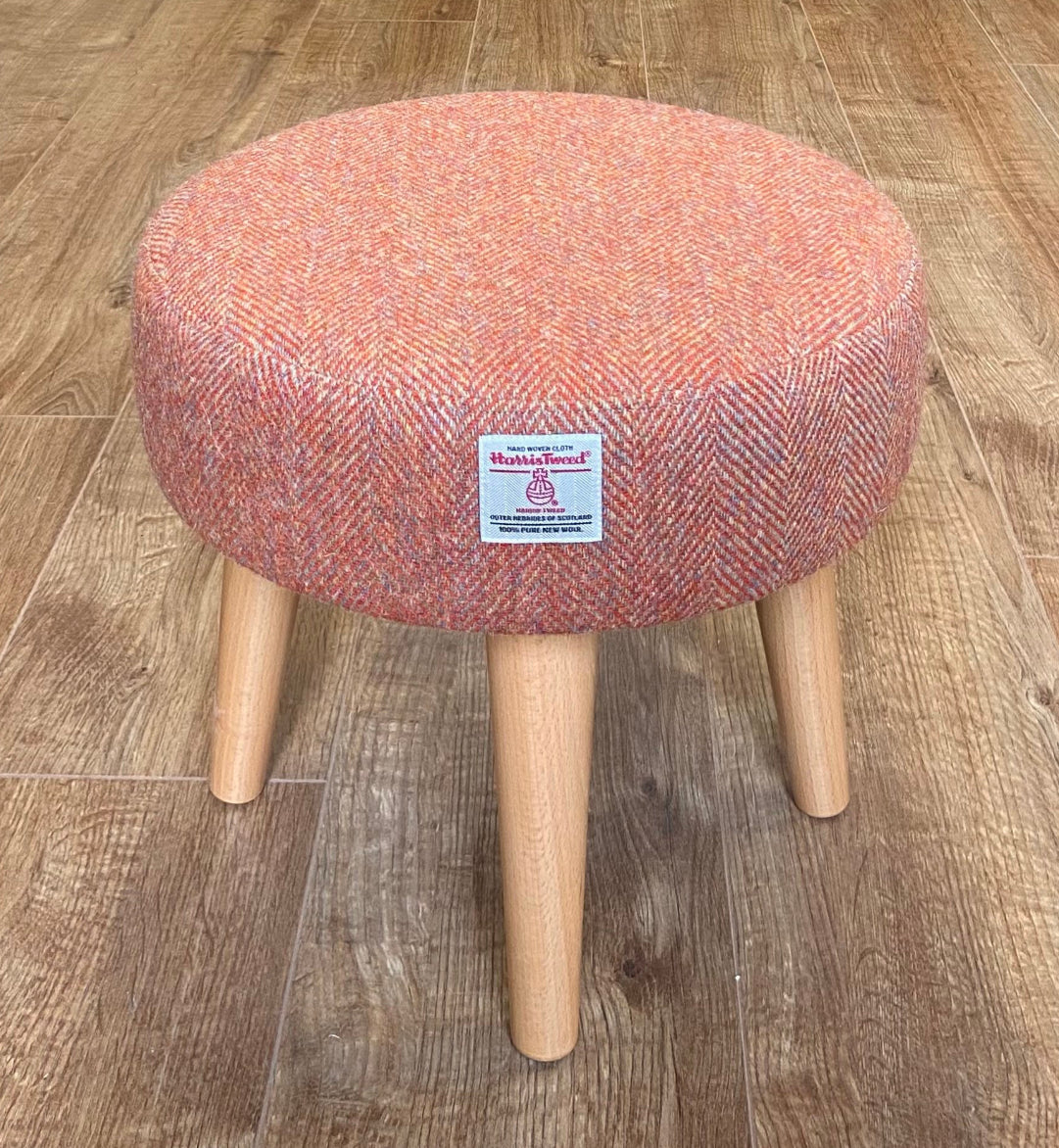Burnt Orange Harris Tweed Footstool with Varnished Wooden Legs