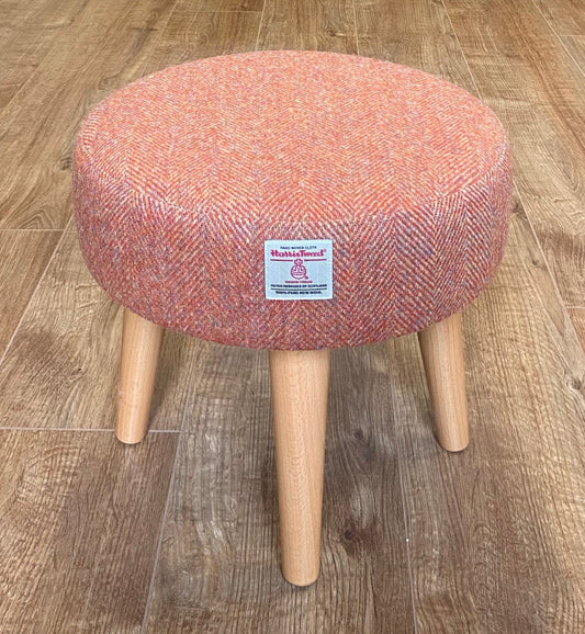 Burnt Orange Harris Tweed Footstool with Varnished Wooden Legs