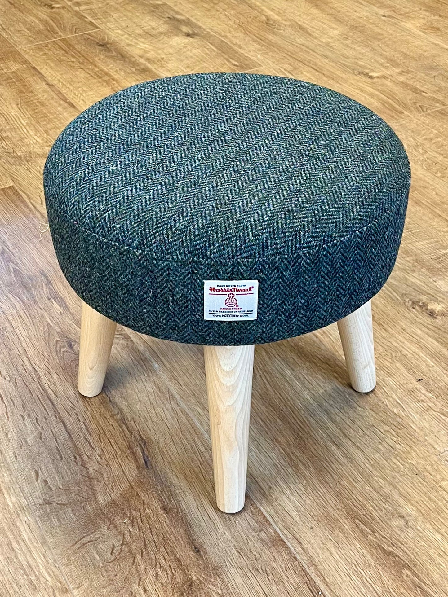 Charcoal Harris Tweed Footstool with Varnished Wooden Legs