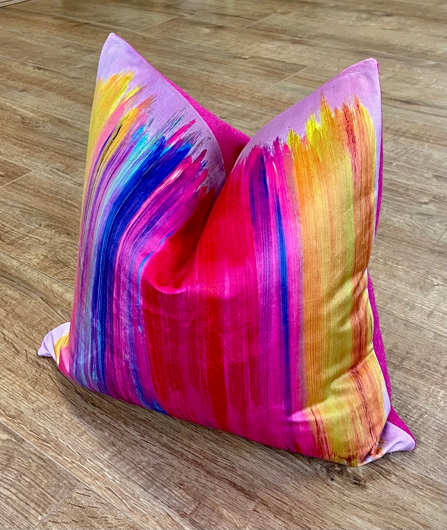 Paint Strokes Velvet and Pink Harris Tweed Cushion, Handmade, 18”