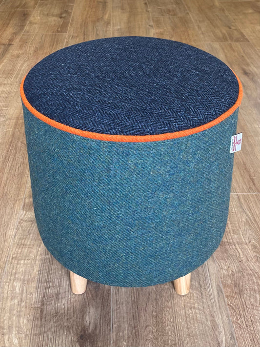 Green and Navy Harris Tweed Footstool with Orange Piping Detail