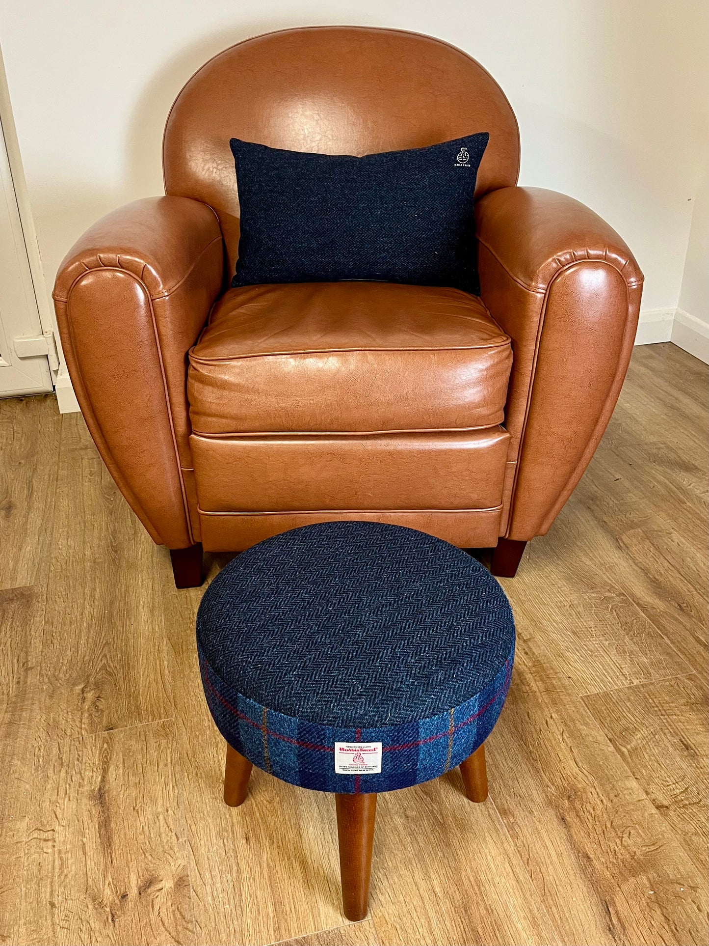 Small Navy Herringbone & Tartan Harris Tweed Footstool