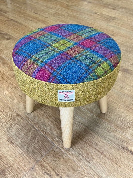 Mustard and Colourful Tartan Harris Tweed Footstool with Varnished Light Wooden Legs