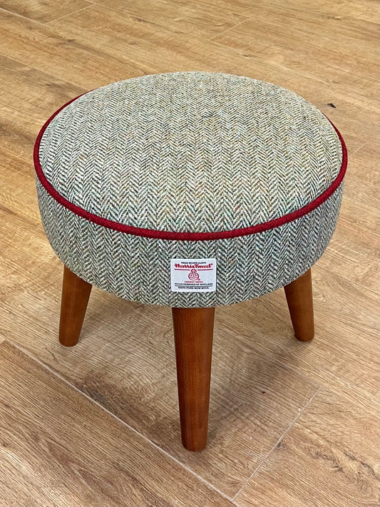 Brown Harris Tweed Footstool with Red Piping and Dark Varnished Wooden Legs