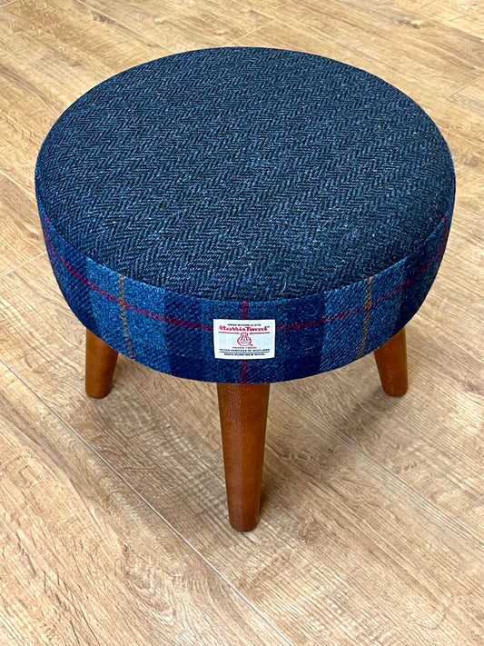 Small Navy Herringbone & Tartan Harris Tweed Footstool