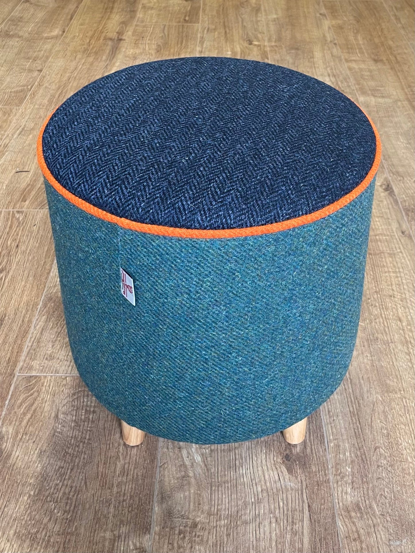 Green and Navy Harris Tweed Footstool with Orange Piping Detail