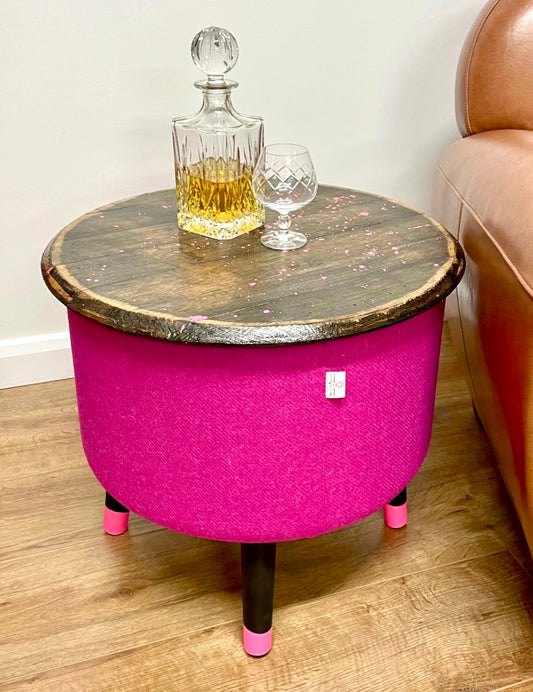 Bright Pink Paint Splattered Oak Whisky Barrel Top and Harris Tweed  ‘Wee Dram’ Table