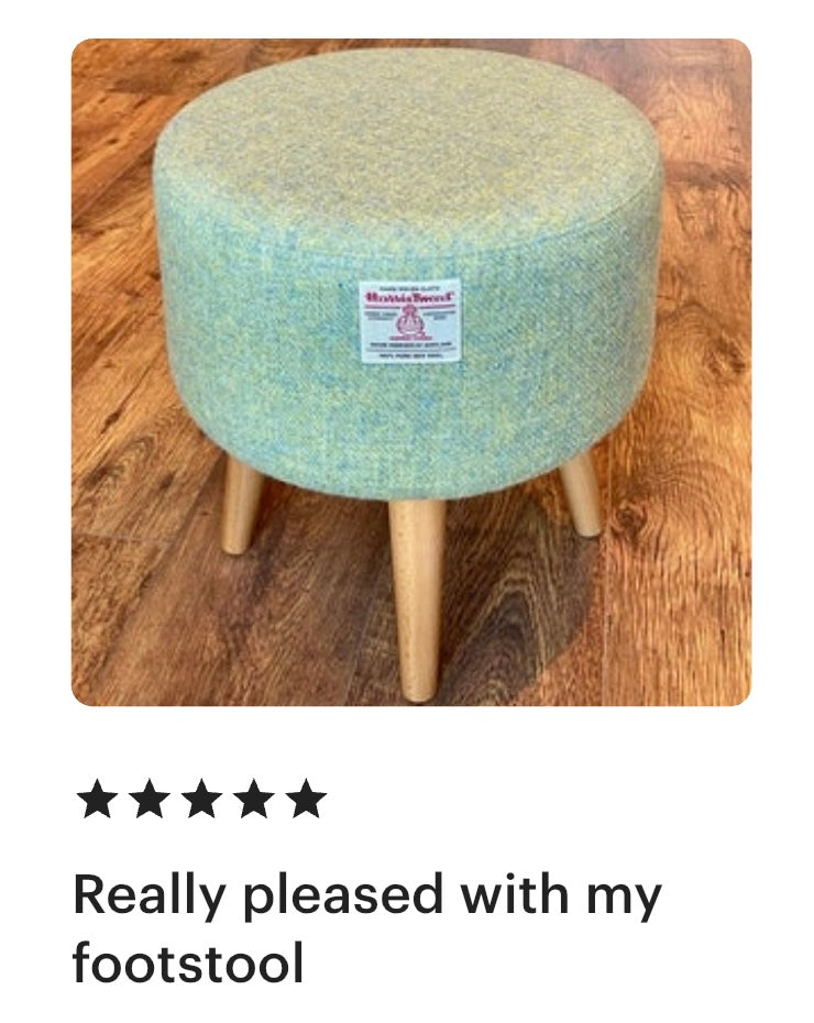 Light Green Harris Tweed Round Footstool with Light Wooden Legs