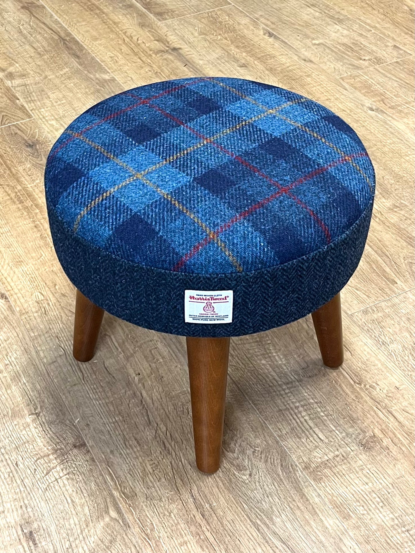 Small Tartan and Navy Blue Herringbone Harris Tweed Footstool