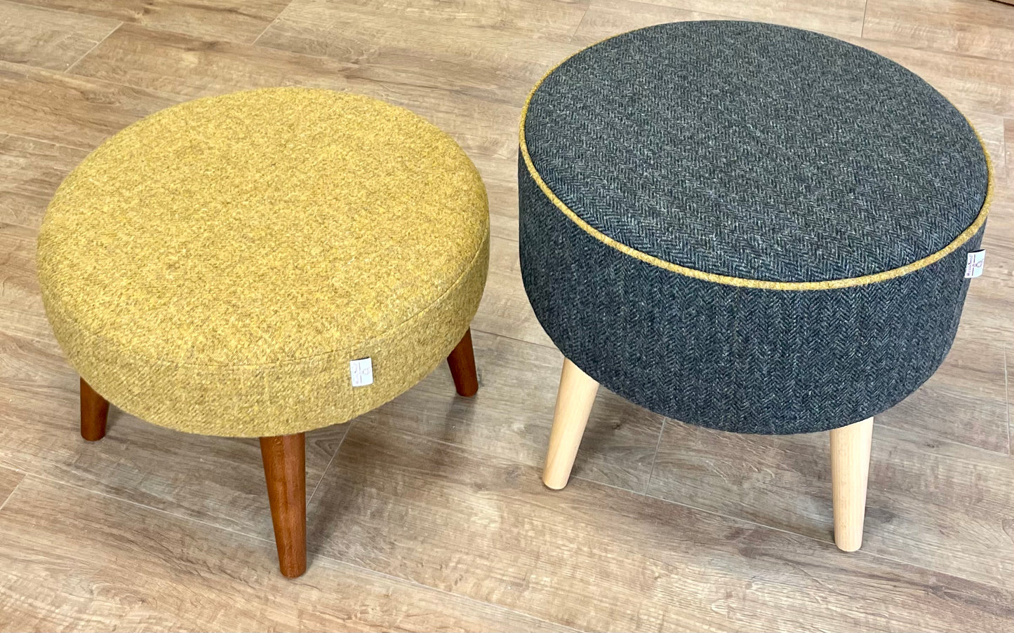 Large Charcoal Harris Tweed Footstool with Mustard Piping Detail