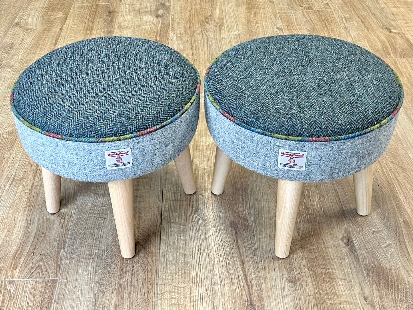 Grey and Charcoal Harris Tweed Footstool with Tartan Piping