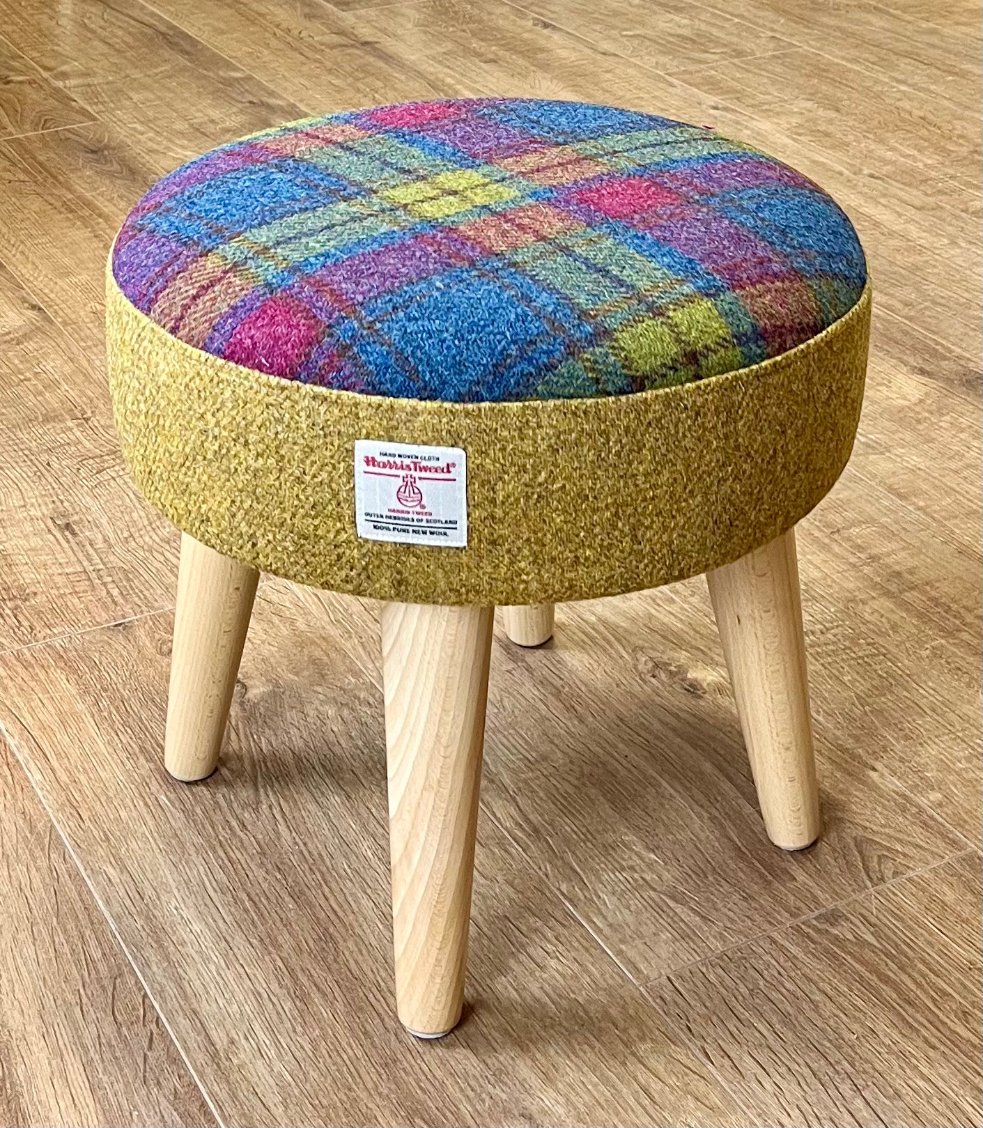 Mustard and Colourful Tartan Harris Tweed Footstool with Varnished Light Wooden Legs