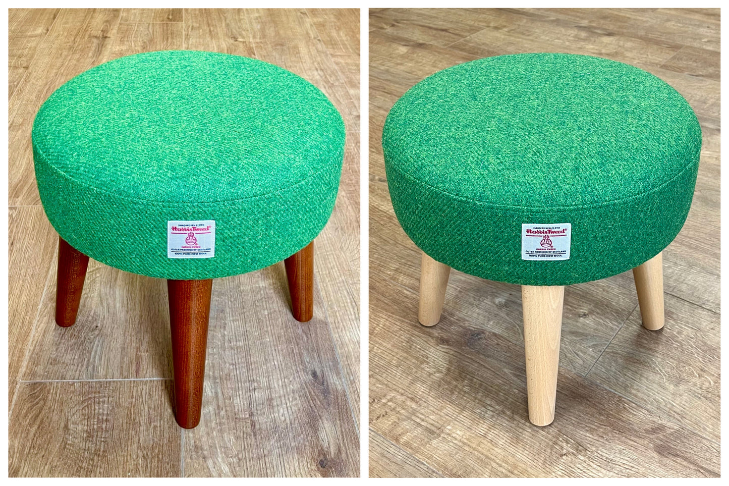 Vibrant Green Harris Tweed Footstool with Dark Varnished Wooden Legs