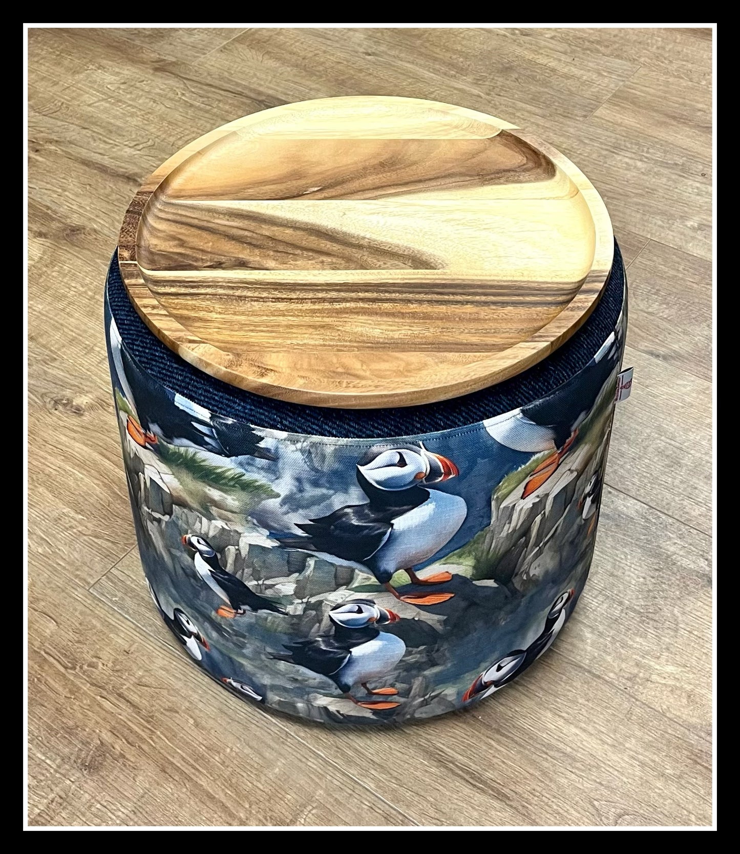 Puffin and Navy Blue Harris Tweed Floating Footstool