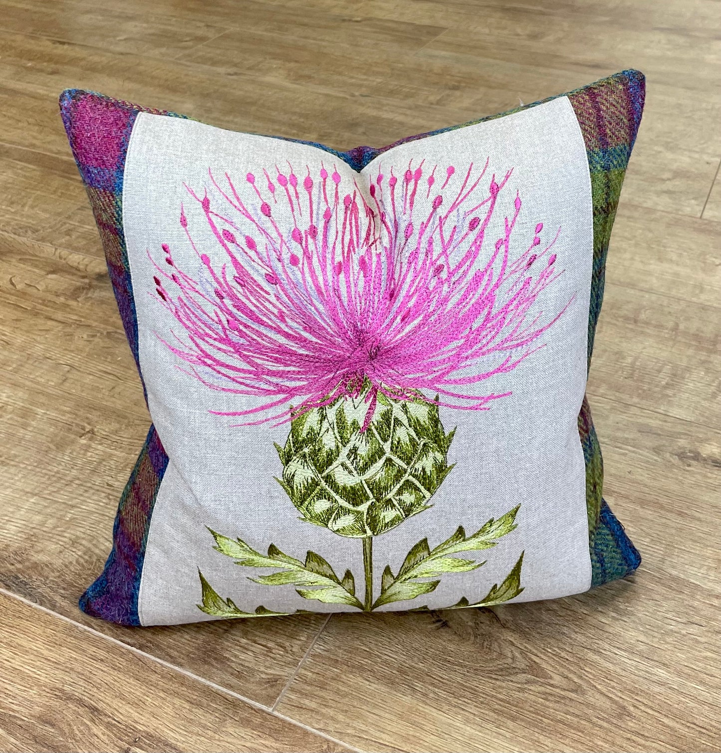 Pink Embroidered Thistle and Tartan Harris Tweed Cushion 16”