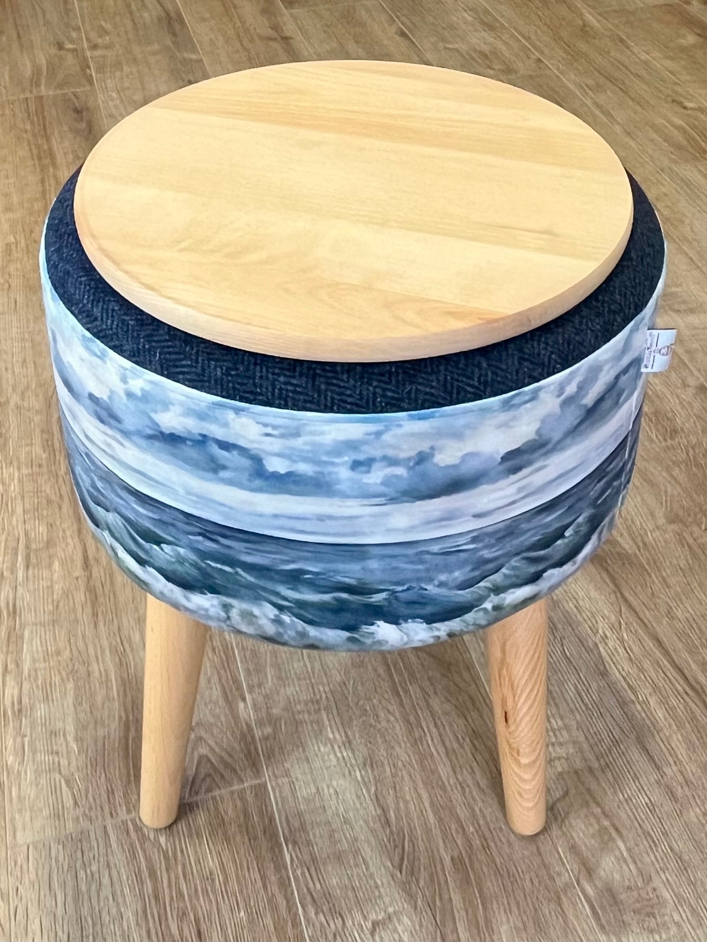 Sheigra Sea Velvet and Navy Harris Tweed End Table with Light Wooden Legs and Top